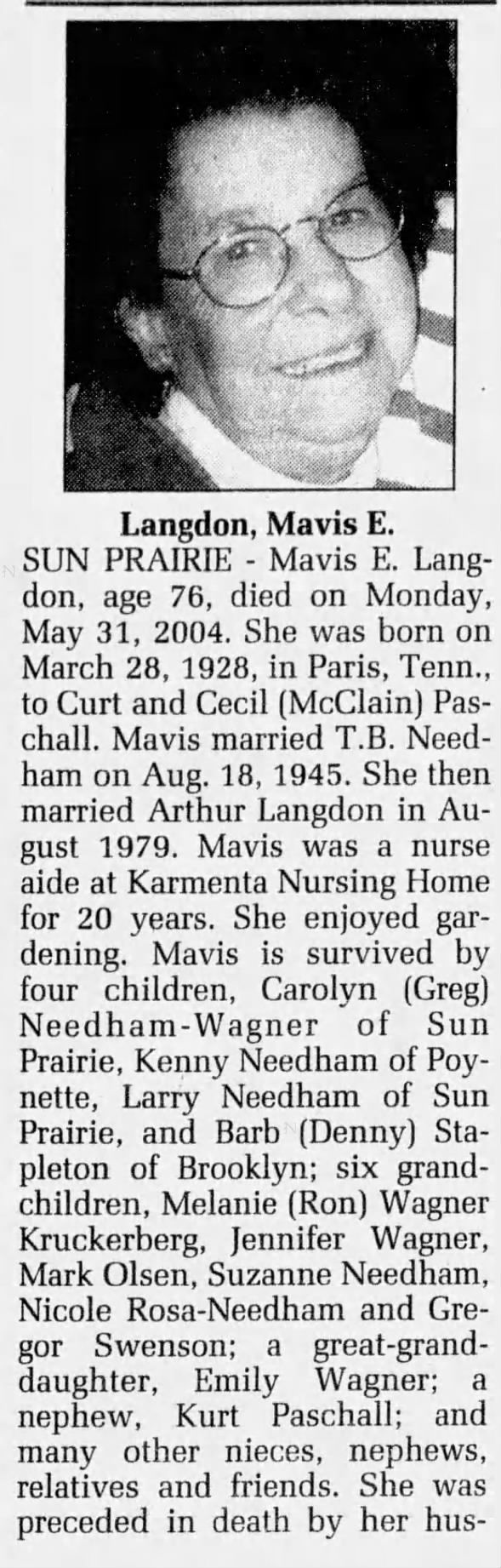 Obituary for Mavis E. Langdon, 1928-2004 (Aged 76)